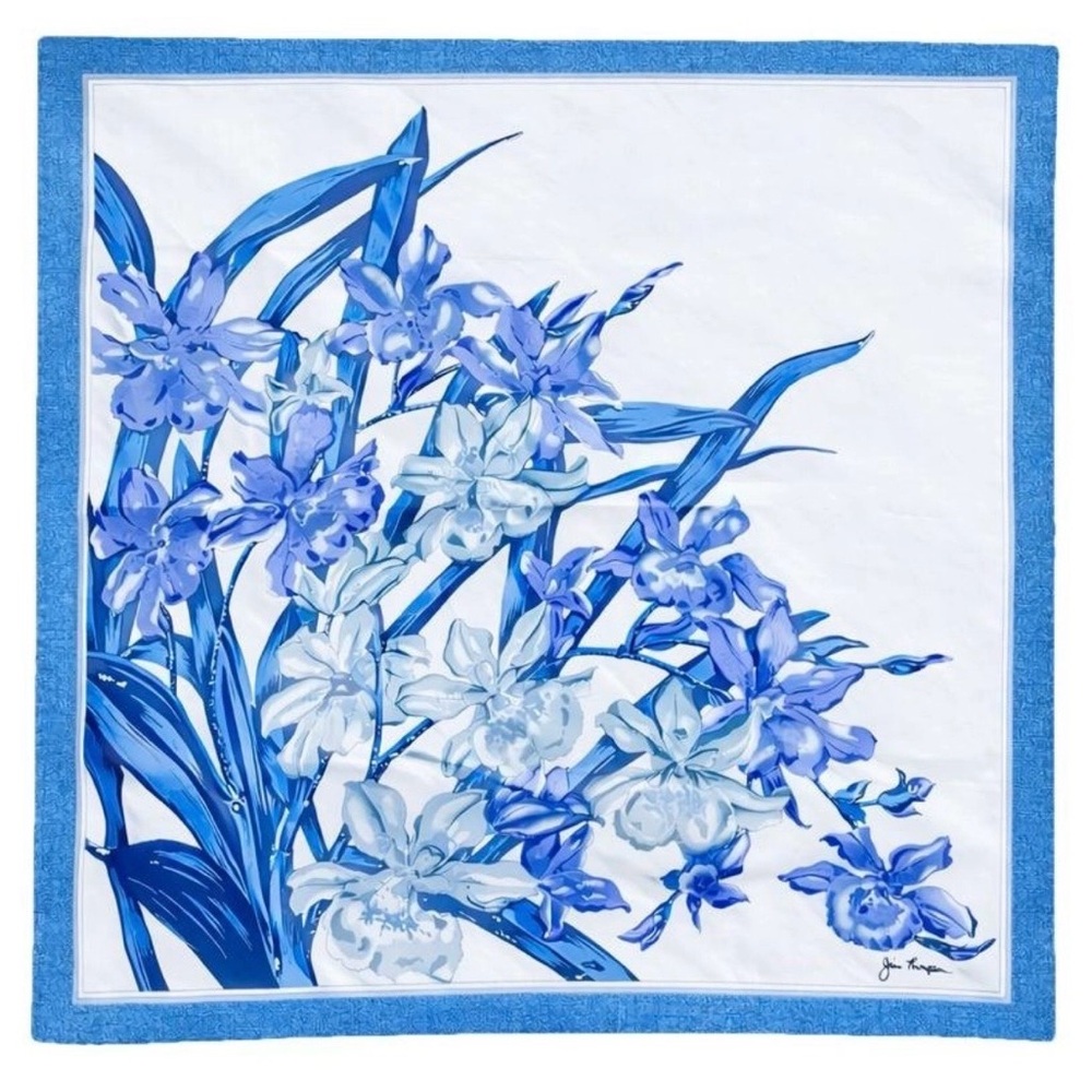 Vintage Jim Thompson Silk Scarf Blue Floral Botanical Thailand Large 46” Square